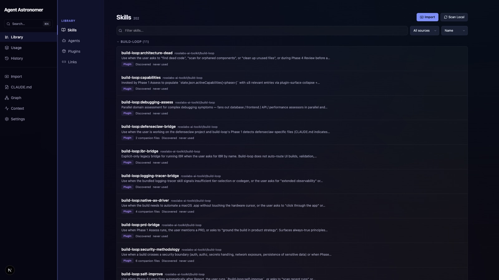 Agent Astronomer library view — 202 skills grouped by plugin (build-loop shown), each with description, source, type, and last-used status, plus filter and search ::border