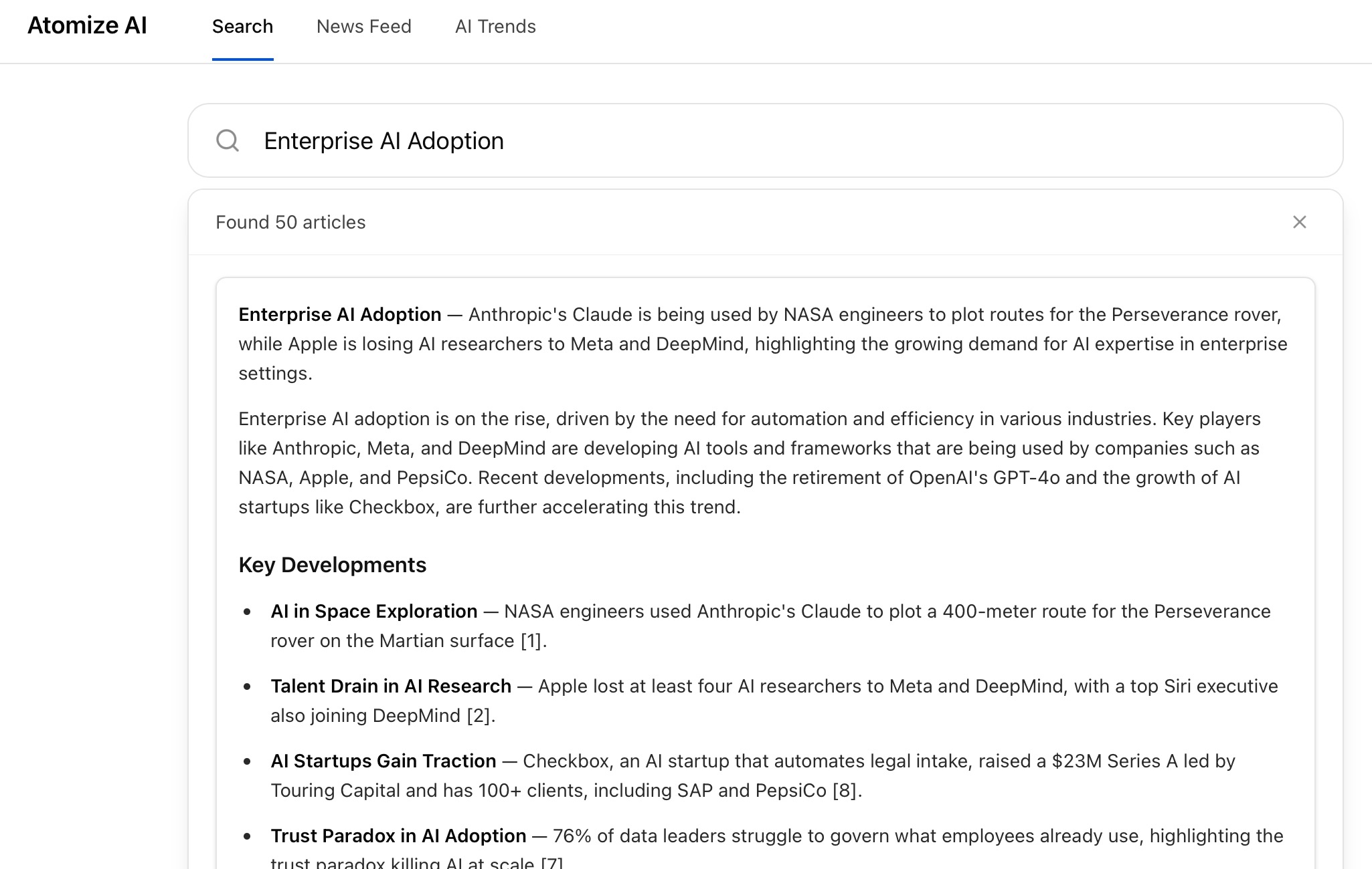AI Search results for Enterprise AI Adoption showing synthesized summary with key developments and cited sources ::border