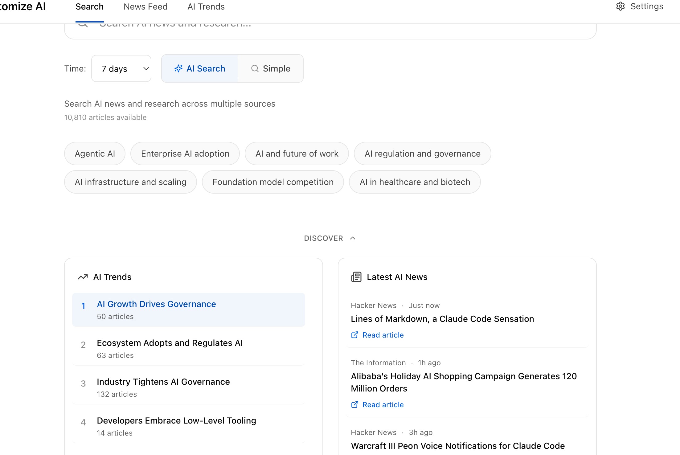 Atomize AI search home with topic pills, AI Trends rankings, and Latest AI News feed ::border