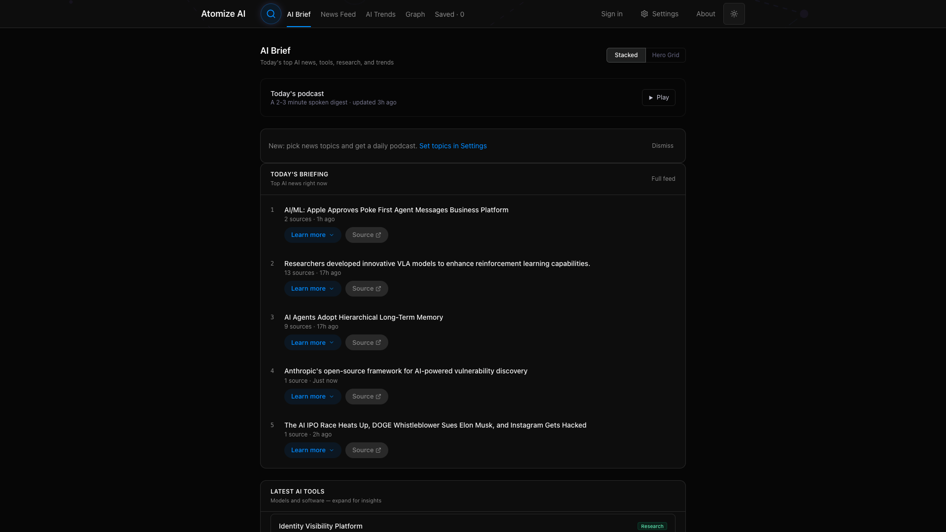 Atomize AI Brief home — today's podcast digest and a ranked Today's Briefing of top AI news, each item showing its source count.