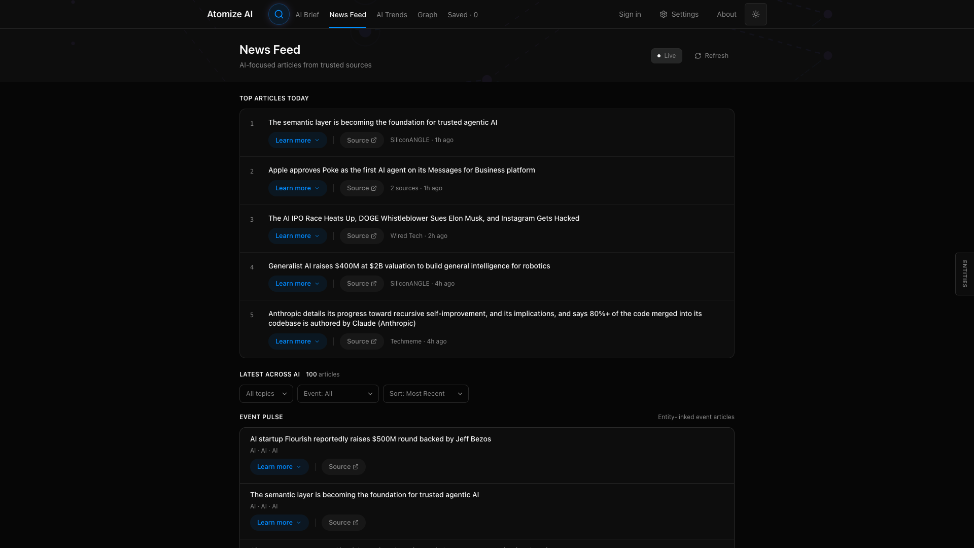 Atomize AI News Feed — live top AI articles with their sources and timestamps, plus an entity-linked Event Pulse.