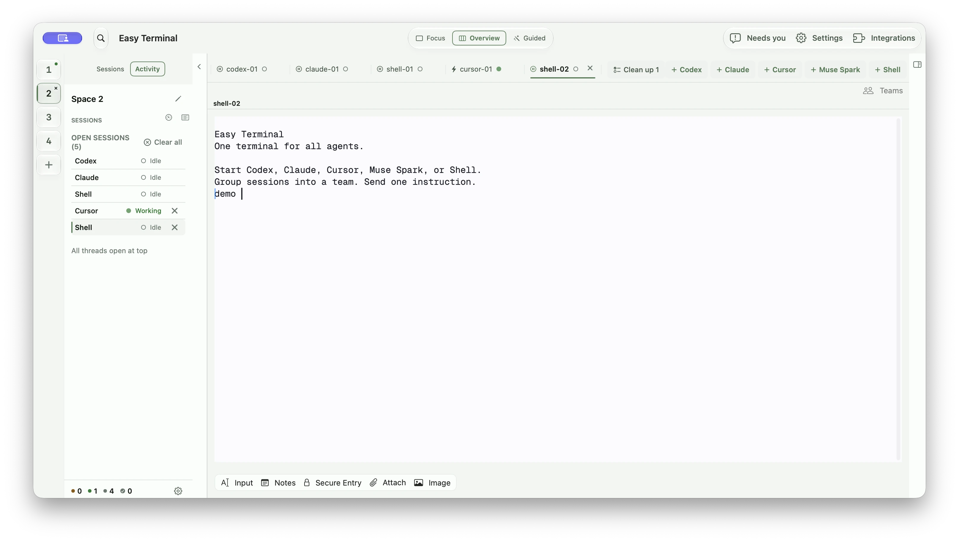 Full current Easy Terminal window with a readable demo shell, session list, and controls to start Codex, Claude, Cursor, Muse Spark, or Shell.