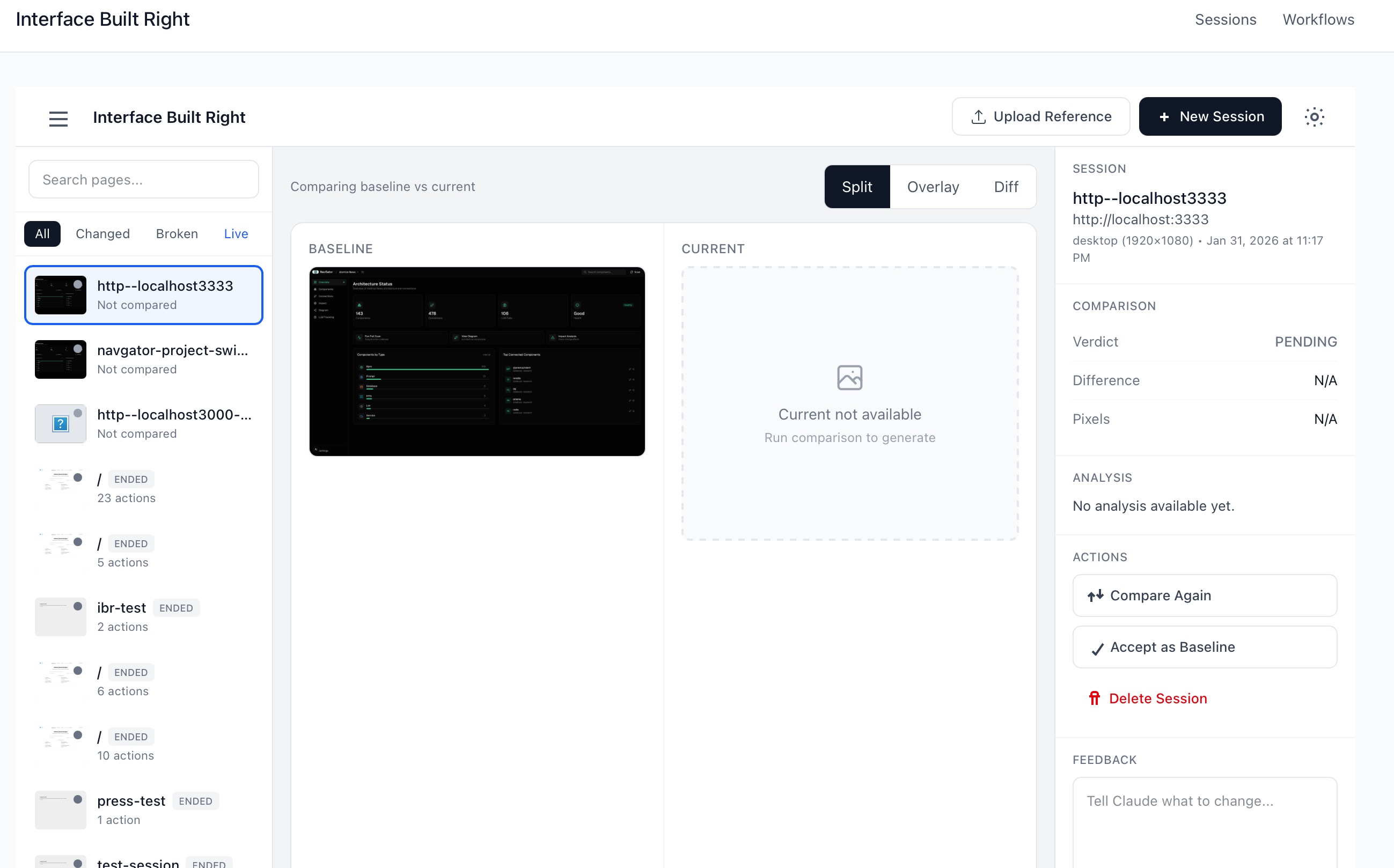 The IBR design-validation dashboard — a baseline-vs-current comparison with Split, Overlay, and Diff views, a session list on the left, and a verdict panel showing the pixel delta and whether the change was expected.