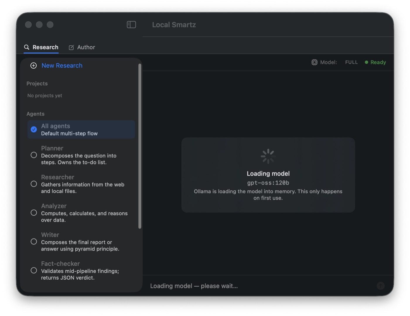 Local Smartz macOS app — Research tab with the agent roster (Planner, Researcher, Analyzer, Writer, Fact-checker) in the sidebar and a local gpt-oss:120b model loading into memory.