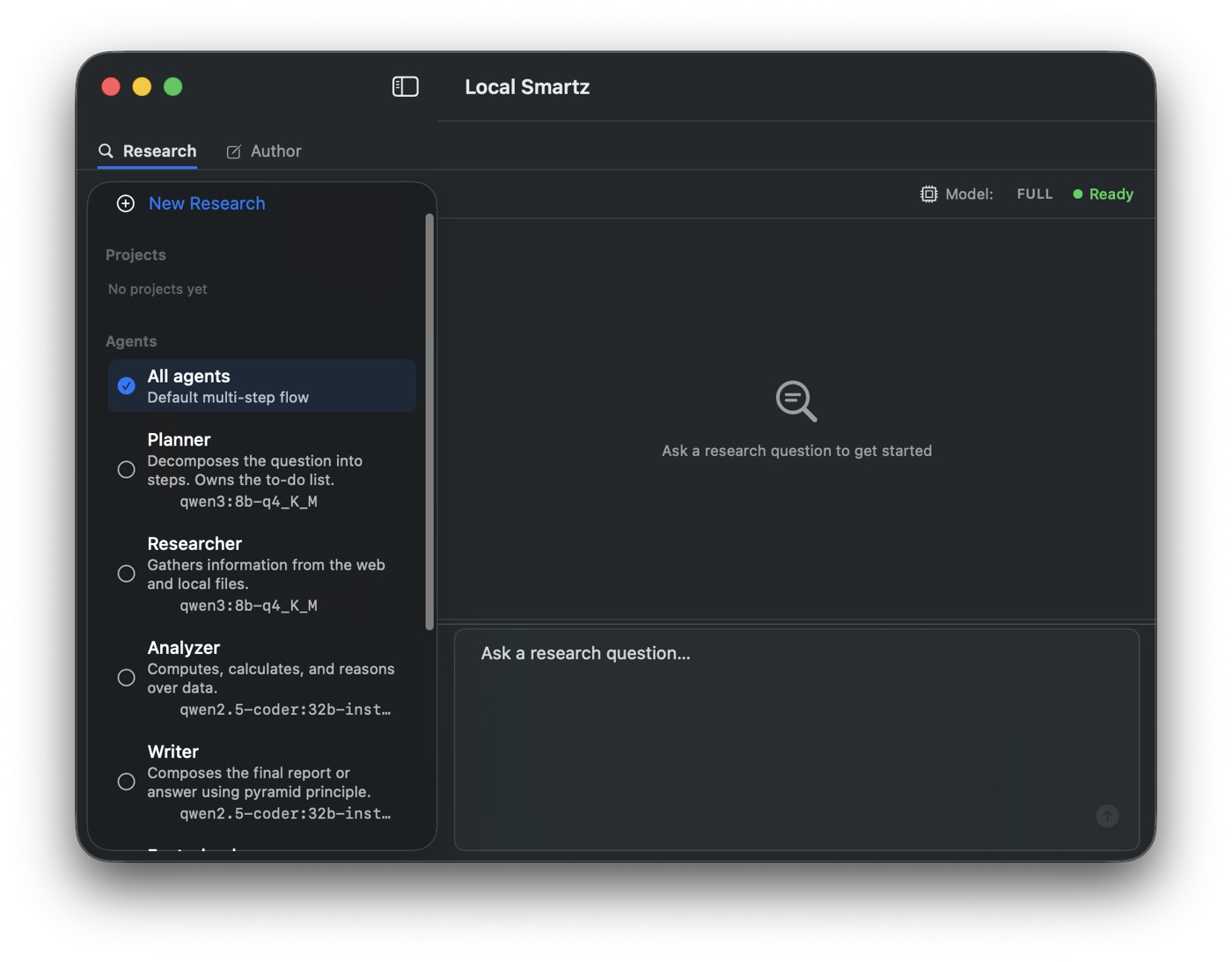 Local Smartz macOS app showing a research run in progress with the live trace queue.