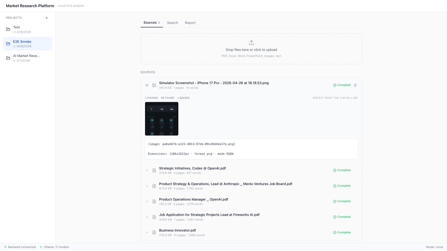 Market Research Platform — Sources view with a project rail (Test, E2E Smoke, AI Market Research), a drag-and-drop ingest zone, and ingested sources (strategy PDFs, job-board exports) each chunked and embedded. Status bar reads "Backend connected · Ollama 11 models" ::border