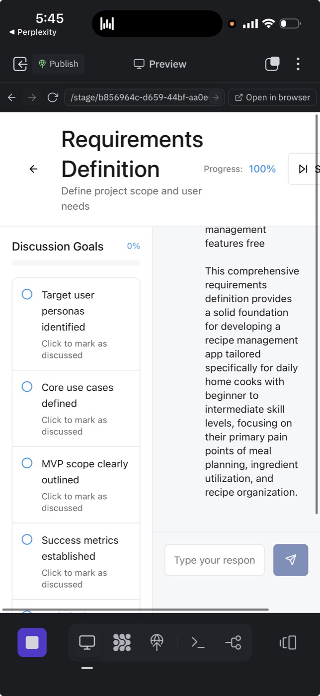 Product Pilot generating a Requirements Definition — discussion goals checklist (target user personas, core use cases, MVP scope, success metrics) alongside the live spec text ::border