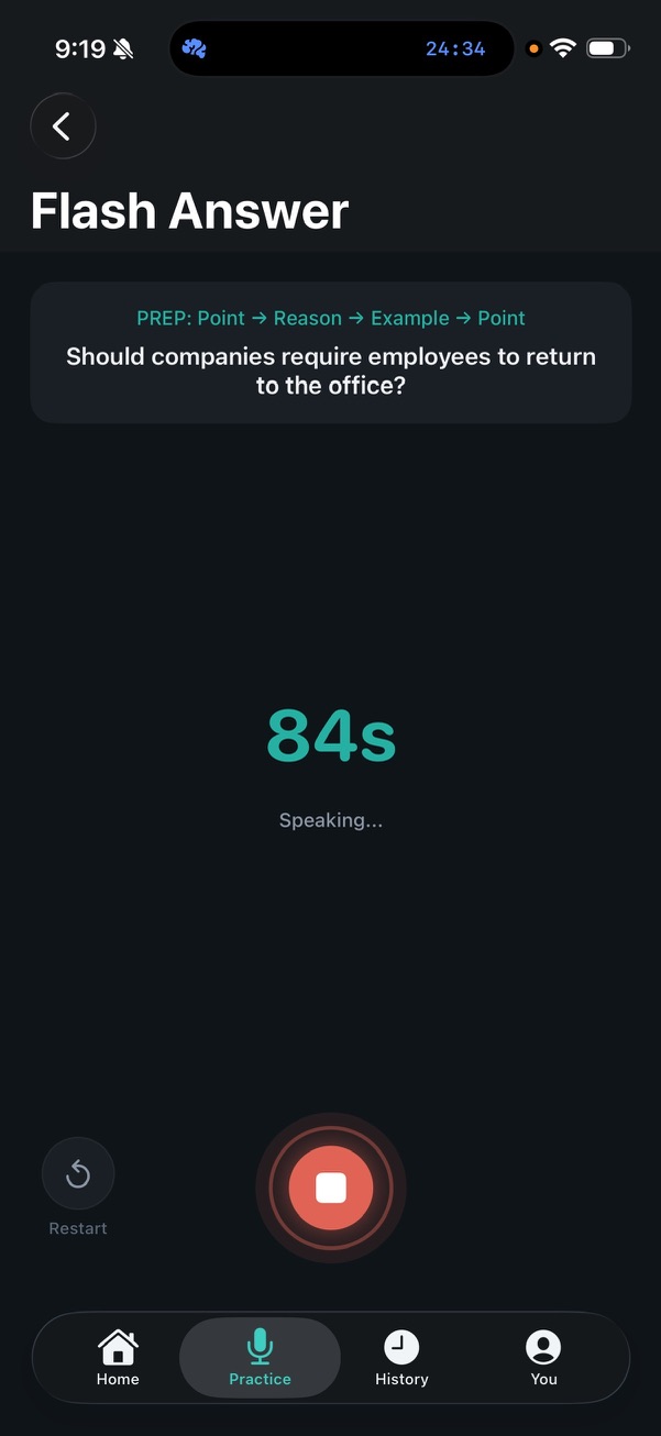 Flash Answer mid-recording — "Flash Answer" header with timer "24:34" in Dynamic Island, PREP framework label and prompt card, large "84s" elapsed counter with "Speaking..." status, red pulsing stop control with concentric ring animation, "Restart" button to the left ::border